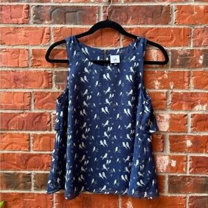 Cabi #3447 Womens XS Blue Chirp Parakeet Bird Sleeveless Tiered Chiffon Tank